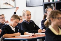 A student raises a hand in class to ask the instructor a question