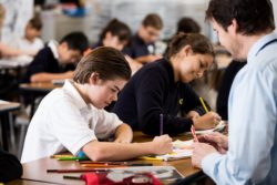 A faculty member helps students write material